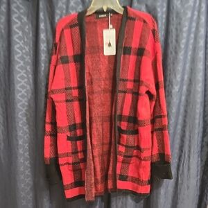 Red and Black Plaid Men's Cardigan